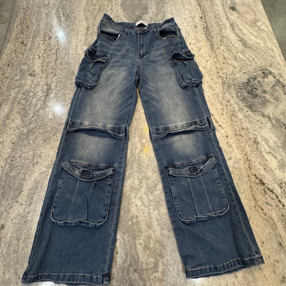 Cutie Diva Women's 28x30 Baggy Cargo Jeans Pants Wide Leg Skater Hipster Y2K